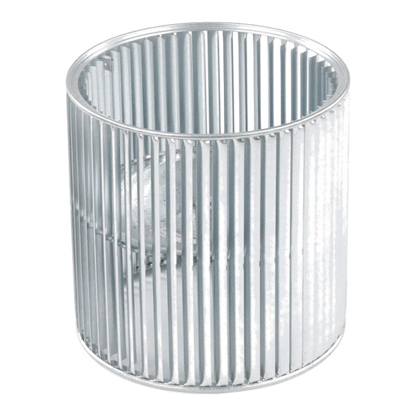 A cylindrical metal component with evenly spaced vertical fins and a central hub, resembling a blower wheel.
