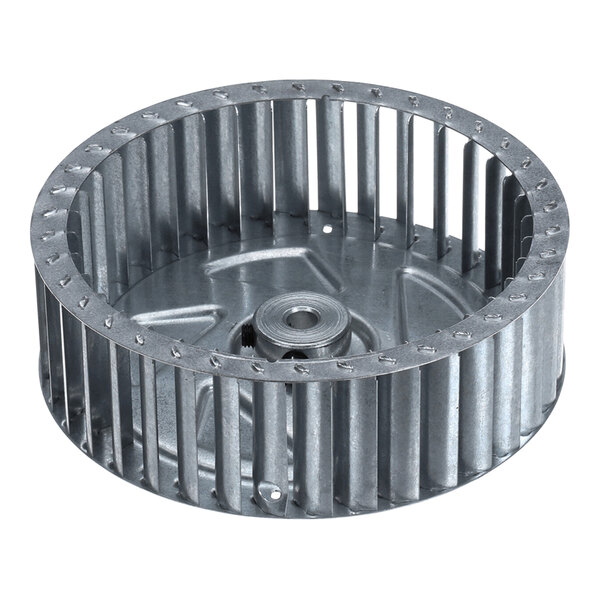 A round, metallic, slotted wheel with a central hub, resembling a blower or fan wheel.