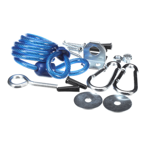 A coiled blue cable with various metal hardware components, including carabiners, washers, screws, and brackets, arranged on a white background.