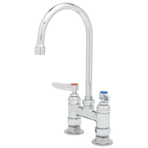 A T&S chrome deck-mounted faucet with two lever handles.