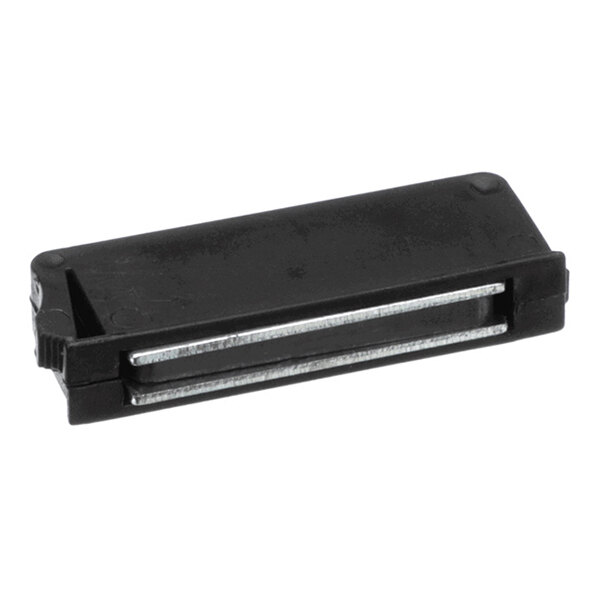 A rectangular black plastic component with two parallel metallic strips visible on one side.