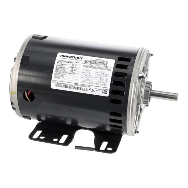 A cylindrical electric motor with a black housing, metal mounting brackets, a visible shaft, and a label with technical specifications.