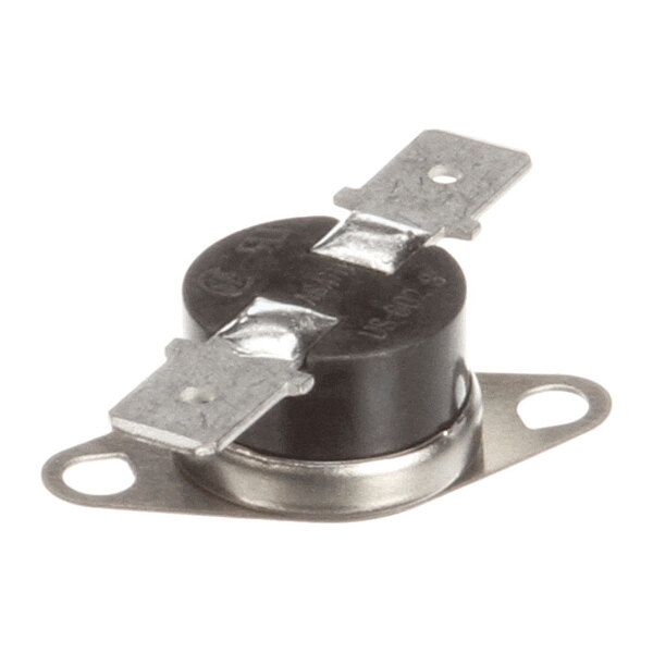 A small, round, black and metallic component with two flat metal terminals and mounting holes on either side.