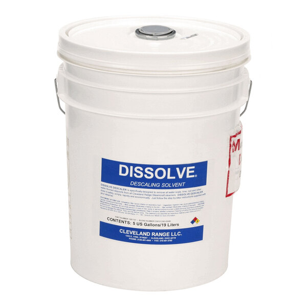 A white plastic bucket with a lid and metal handle, labeled 'DISSOLVE DESCALING SOLVENT' with a blue label on the front.