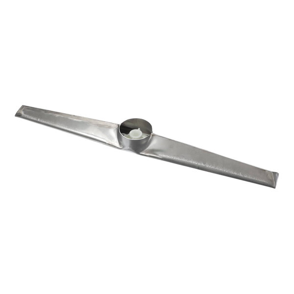 A metallic, elongated, and flat component with a central circular hub and a small white part inside, likely a wash arm assembly for a dishwasher.