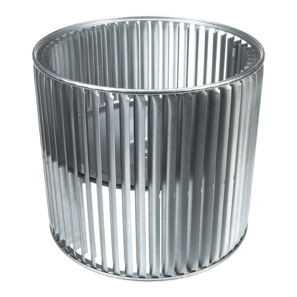 A cylindrical metal fan wheel with evenly spaced vertical blades and an open center.