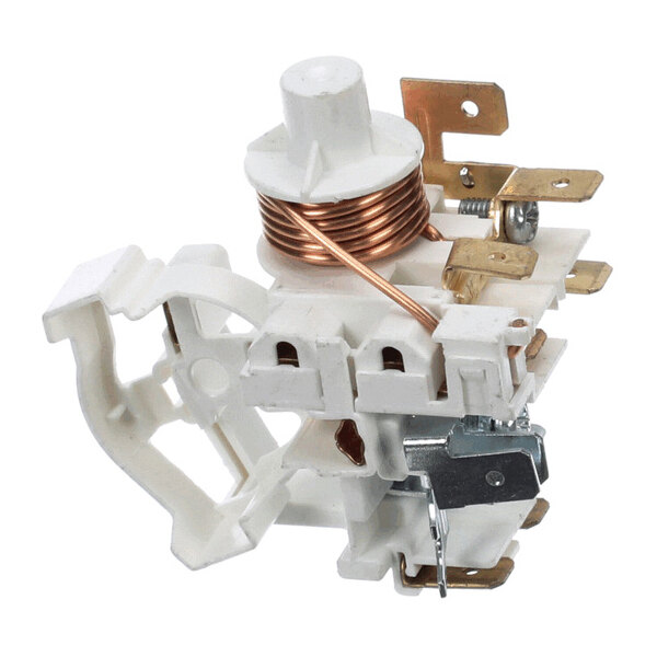 A white plastic and metal electrical relay component with copper coil and brass connectors.
