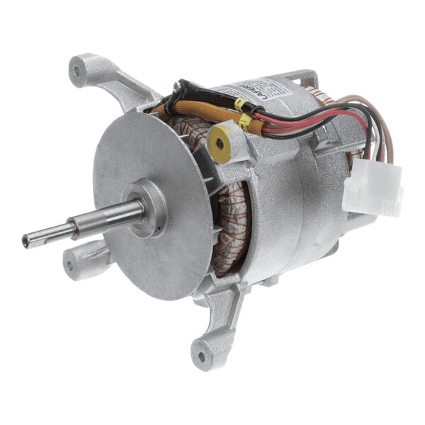 A metallic electric motor with a cylindrical body, visible wiring, and a protruding shaft.