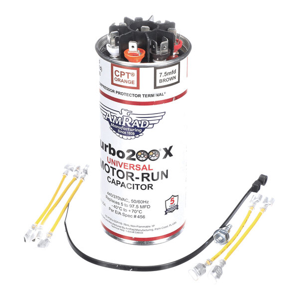 A cylindrical motor-run capacitor with multiple electrical terminals on top, labeled "Turbo200X Universal Motor-Run Capacitor," accompanied by several yellow and black wires with connectors.