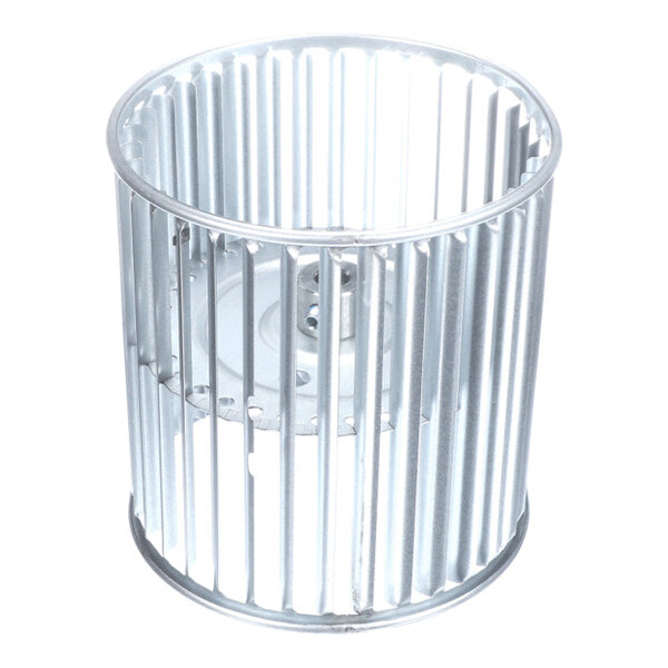 A cylindrical metal fan wheel with evenly spaced vertical blades and a central mounting hub.