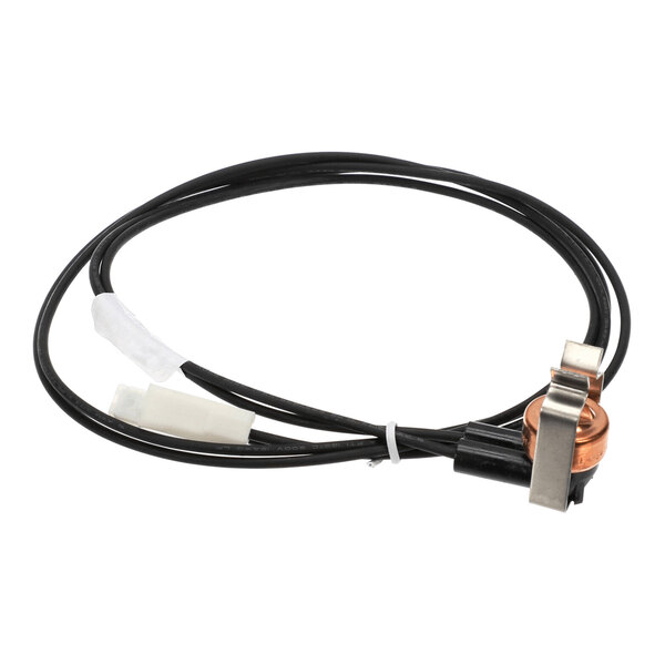 A black cable with a copper and metal clip component attached at one end and a white connector at the other end.