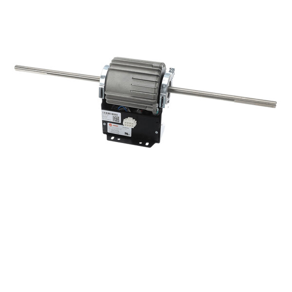 A metal electric motor with a central housing and two long shafts extending from either side, mounted on a black base.