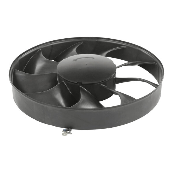 A black circular fan propeller with multiple blades enclosed in a round frame.
