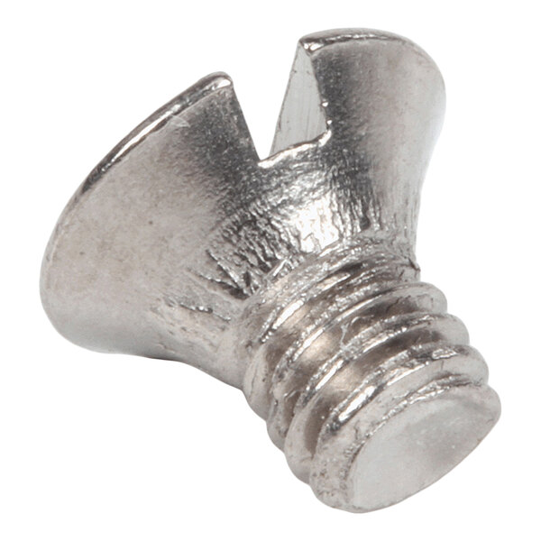 A close-up view of a metallic wing screw with a slotted head and threaded body.
