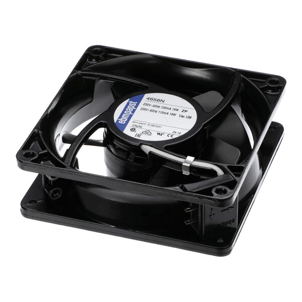 A black square cooling fan with a central label and four mounting holes at the corners.