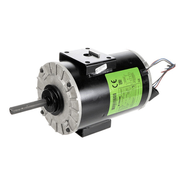 A cylindrical electric motor with a metal shaft, mounting brackets, and several colored wires extending from one end.