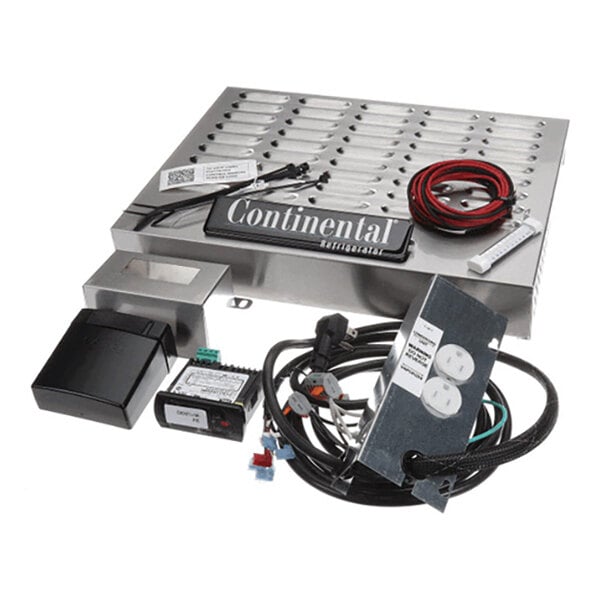 A collection of metal and electronic components, including a vented metal panel, electrical cables, a power outlet box, and various connectors, arranged together on a white background.