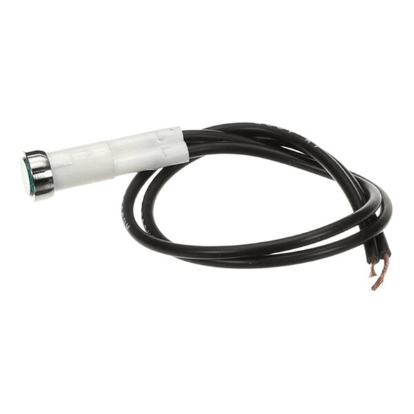 A small cylindrical component with a green tip, attached to a black electrical wire with exposed ends.