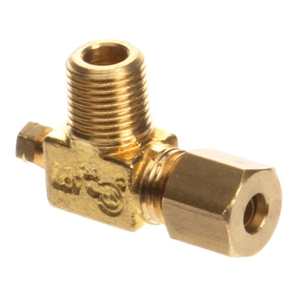 A brass valve fitting with a threaded opening and a hexagonal nut, designed for controlling fluid or gas flow.