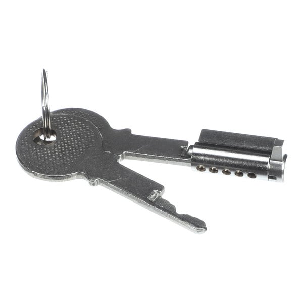 Two metal keys on a keyring, with one attached to a small cylindrical lock mechanism.