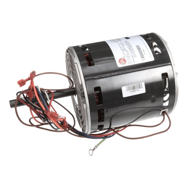A cylindrical electric motor with a black housing, visible wiring, and a central shaft extending from one end.