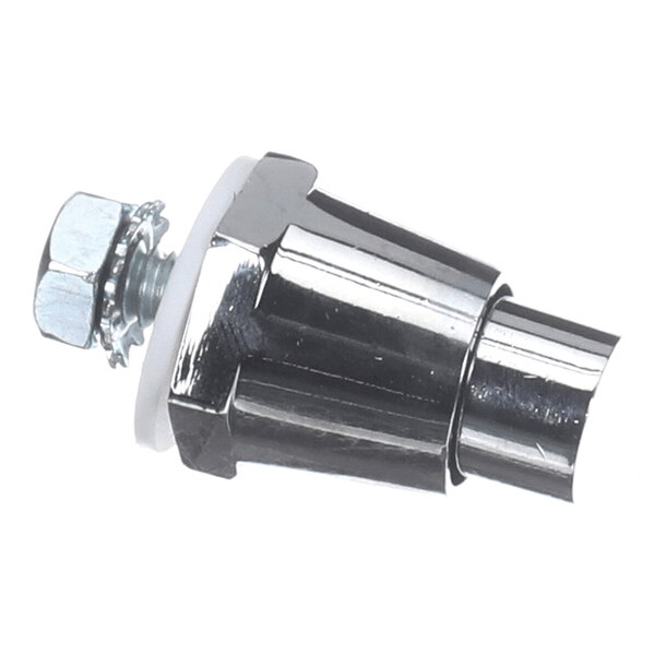 A metallic, conical-shaped foot assembly with a nut, washer, and bolt attached.