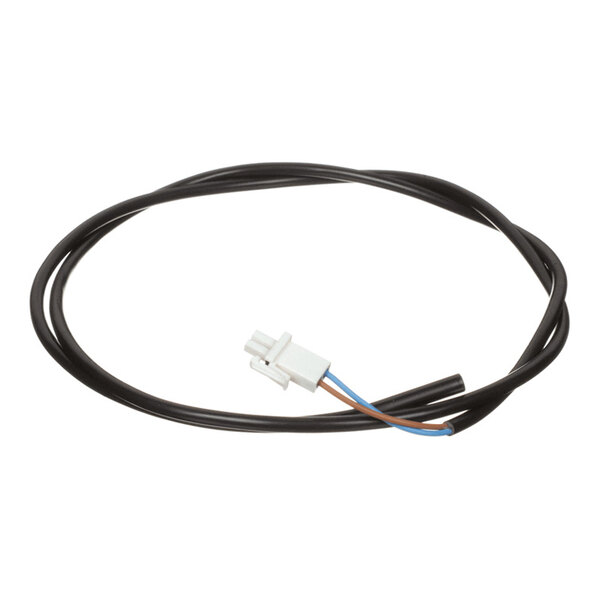 A black cable with a white connector and exposed blue and brown wires at one end, coiled in a loop.