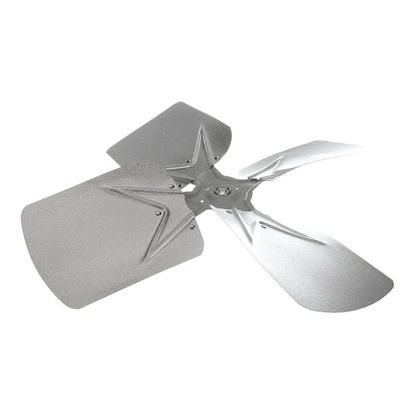 A four-blade metallic fan with a central mounting hub, featuring slightly curved blades and a silver finish.