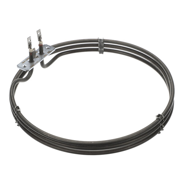 A circular metal heating element with two electrical terminals and a mounting plate.