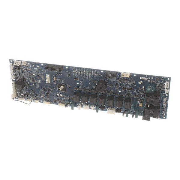 A rectangular blue printed circuit board with various electronic components, connectors, and relays mounted on it.