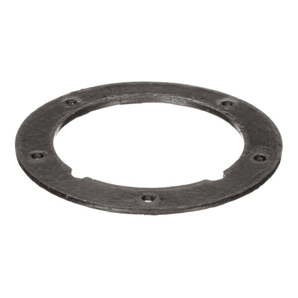 A flat, circular, black gasket with a large central hole and several smaller holes evenly spaced around the perimeter.