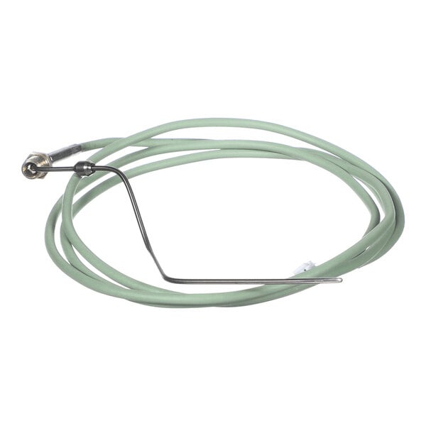 A coiled green cable with a metal probe and connector at one end, likely used for temperature sensing.