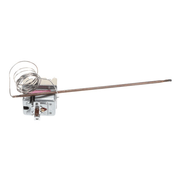 A metal device with a coiled wire and a long, thin rod extending from a small rectangular housing.
