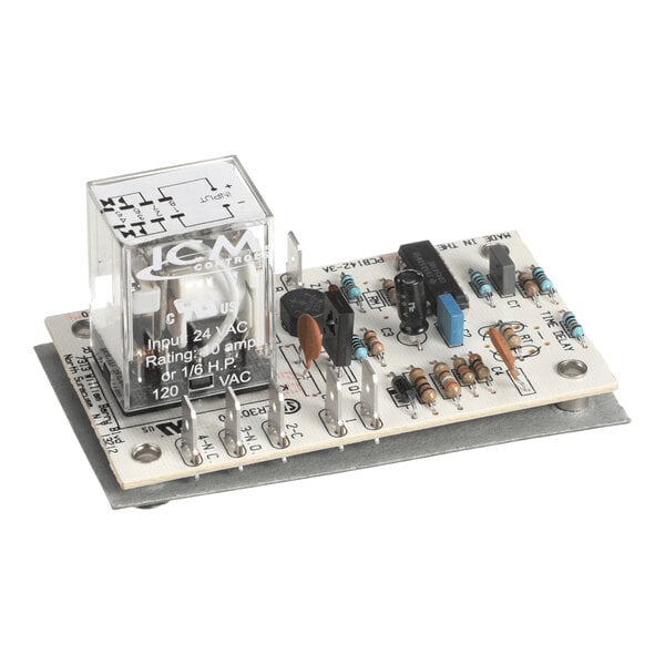 A small electronic circuit board with various components including a relay, resistors, capacitors, and connectors mounted on it.