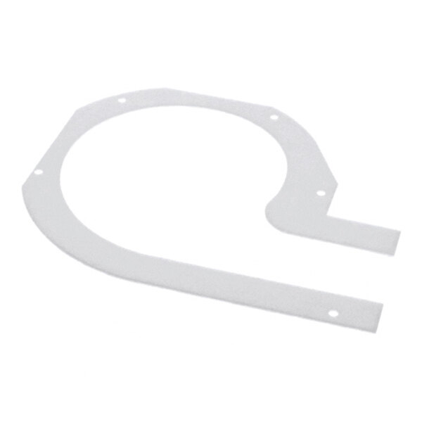 A thin, white, irregularly shaped flat piece with a large circular cutout and several small holes along its edges.