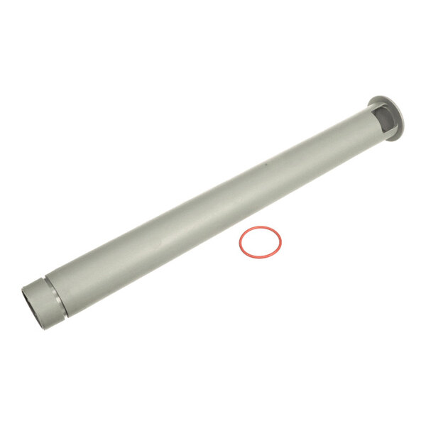 A cylindrical metal pipe with a flange on one end and a separate red O-ring placed beside it.