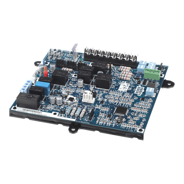 A blue electronic circuit board with various components such as capacitors, resistors, relays, and connectors mounted on it.