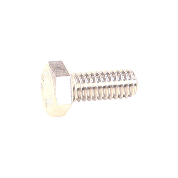 A metallic hex cap screw with a threaded shaft and a hexagonal head.
