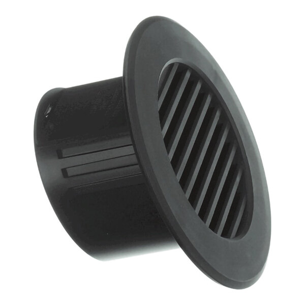 A black, round vent cover with horizontal slats and a wide outer rim.