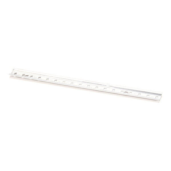 A long, narrow metallic strip with evenly spaced notches along its length, photographed on a white background.