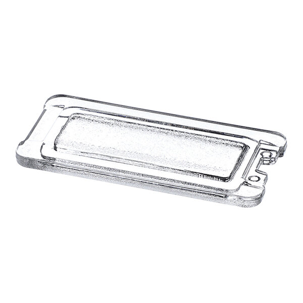A clear rectangular piece of glass with beveled edges and two small holes on one end, likely a replacement part.