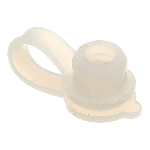 A translucent, flexible cap with a looped handle and a central opening, likely made of silicone or rubber-like material.