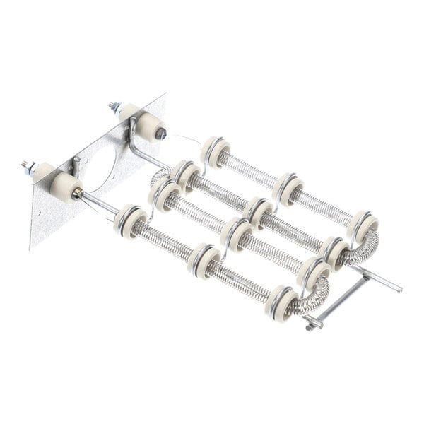 A metal mounting plate with attached coiled heating elements and ceramic insulators.