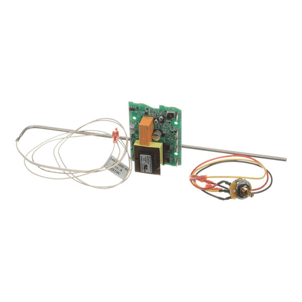 An electronic circuit board with attached wires, a metal probe, and a rotary component, all laid out on a white background.