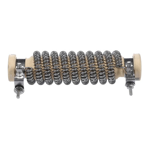 A cylindrical wire-wound resistor with metal coil wrapped around a ceramic core and mounting hardware on both ends.