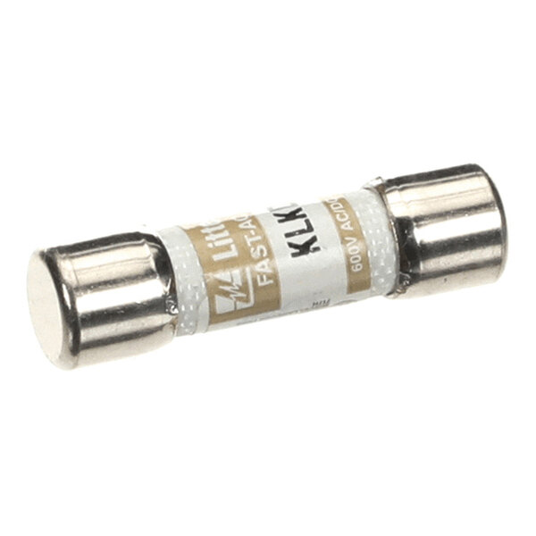 A cylindrical fuse with metallic end caps and a labeled body.