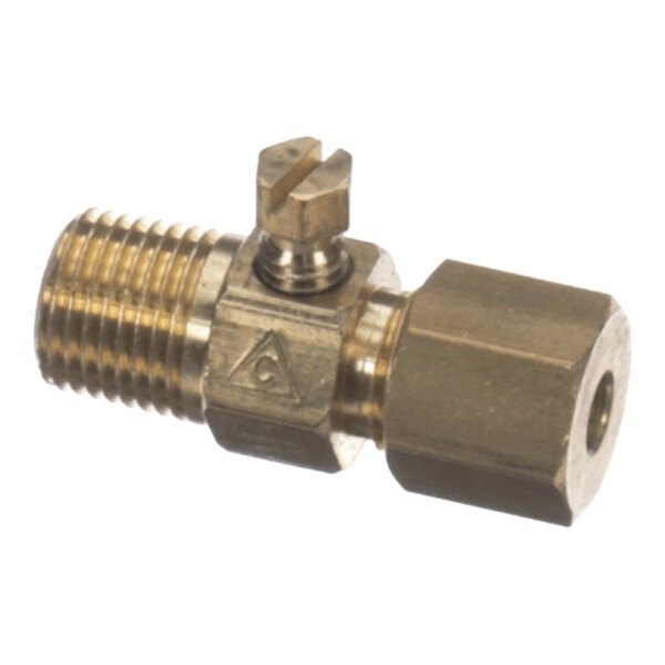 A brass-colored metal valve with a threaded end, a hexagonal nut, and a slotted screw on top.