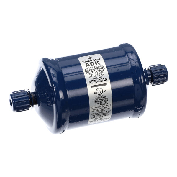 A cylindrical, dark blue metal component with threaded connectors on both ends and a white label in the center.