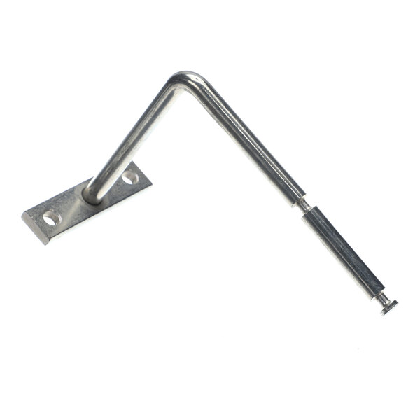 A metal rod with a right-angle bend, attached to a rectangular mounting plate with two holes and a cylindrical extension at the end.