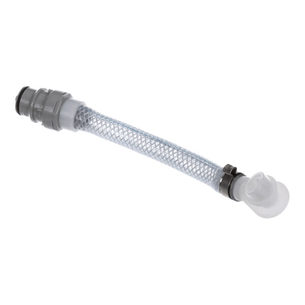 A flexible, transparent hose with a mesh reinforcement and connectors on both ends.